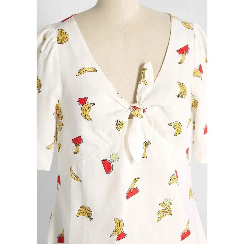 ModCloth Womens Linen Blouse Plus Size 2X Pack a Picnic Fruit Print Tie-Front - Picture 5 of 15
